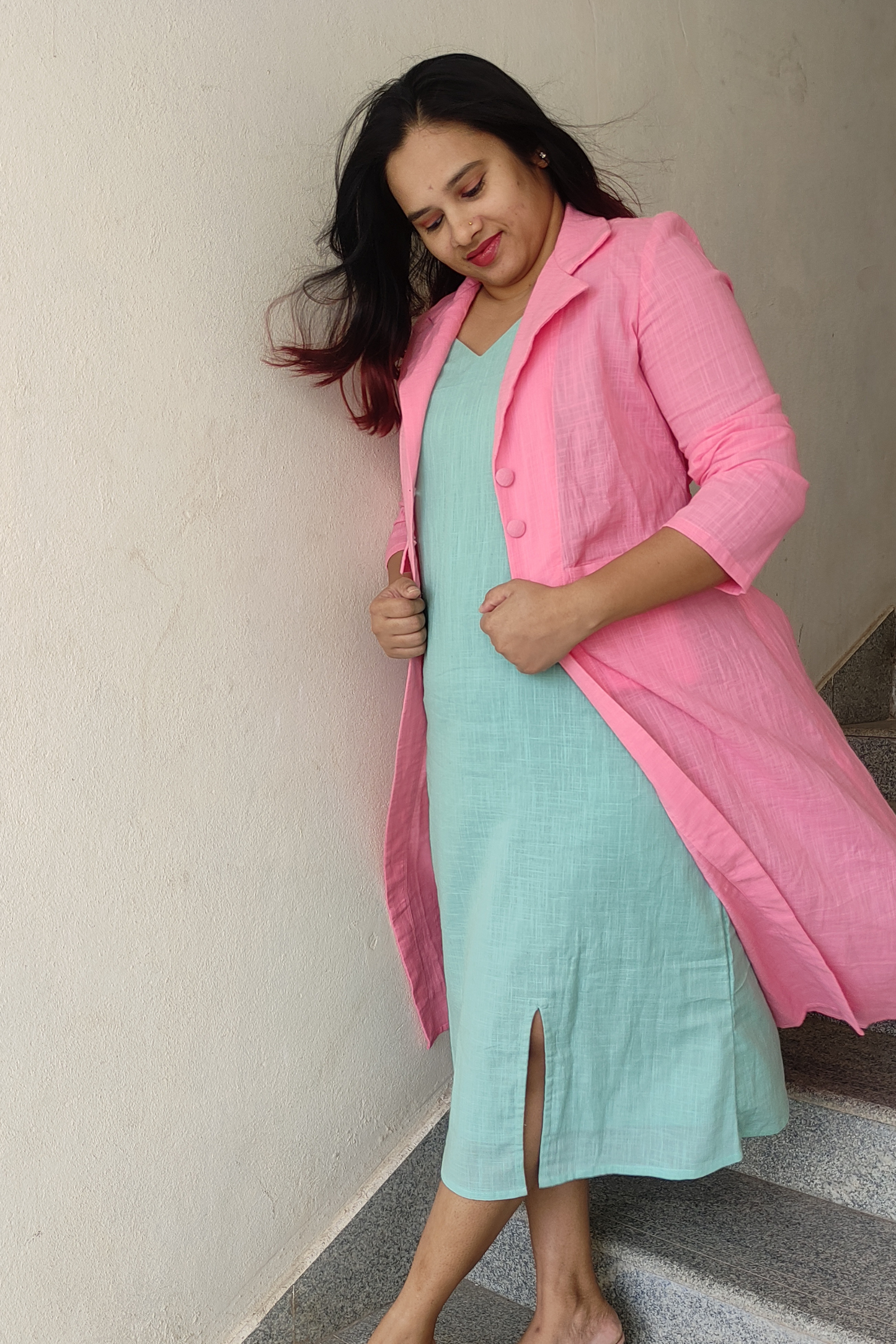 Colourblock slip dress with longline jacket
