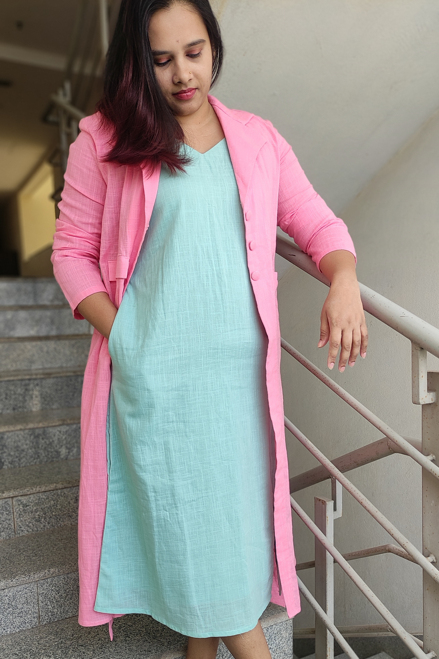 Colourblock slip dress with longline jacket