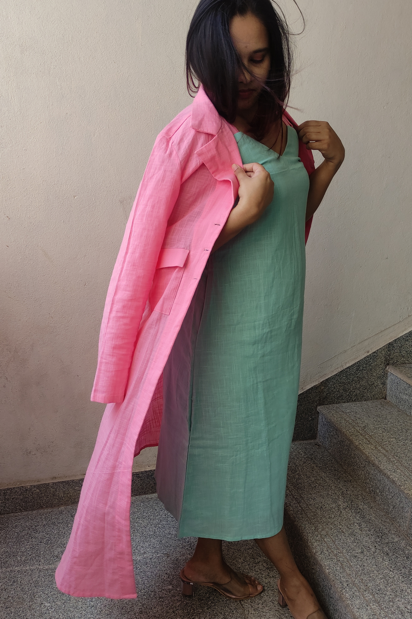 Colourblock slip dress with longline jacket